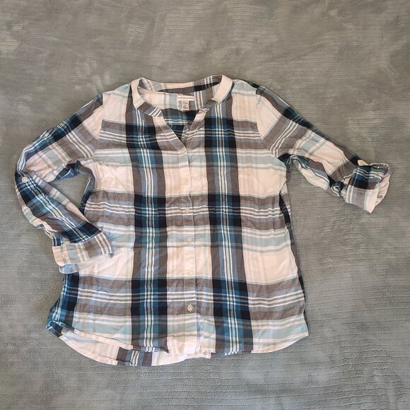 Croft & Barrow Plaid Blue Teal Roll Tab Sleeve Button Down Shirt Comfy Petite L - Picture 1 of 8